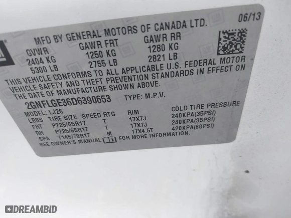 2013 Chevrolet Equinox LTZ with VIN 2GNFLGE36D6390653, listed as a IAAI auction lot 40974858 with 128,954 mi miles. Bid and sale history available at carsss.com. Image 9.