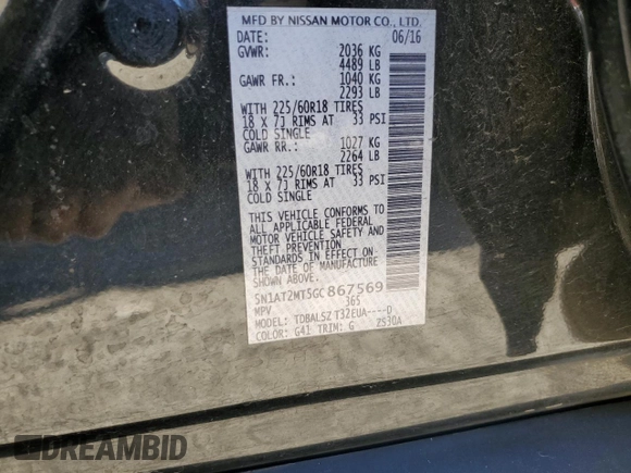 2016 Nissan Rogue SL with VIN 5N1AT2MT5GC867569, listed as a Copart auction lot 47265265 with 101,501 mi miles and Salvage Title. Bid and sale history available at carsss.com. Image 14.
