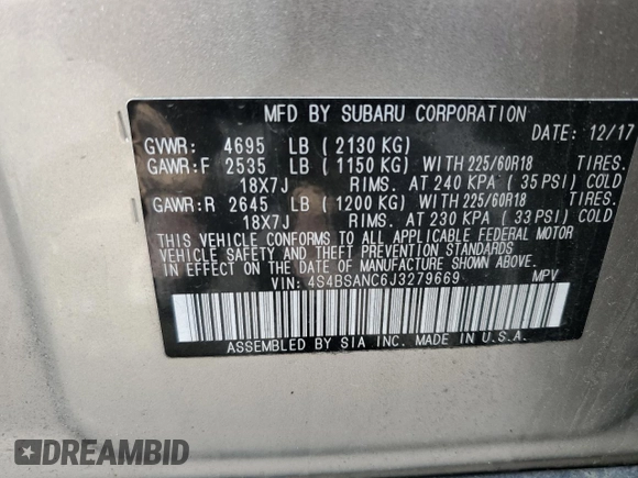 2018 Subaru Outback Limited with VIN 4S4BSANC6J3279669, listed as a Copart auction lot 55331095 with 76,741 mi miles and Salvage Title. Bid and sale history available at DreamBid. Image 14.