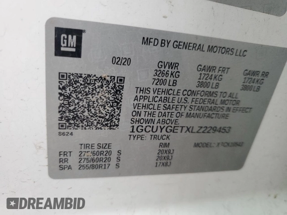 2020 Chevrolet Silverado 1500 LTZ with VIN 1GCUYGETXLZ229453, listed as a Copart auction lot 86783534 with Not Provided miles and Salvage Title. Bid and sale history available at DreamBid. Image 12.