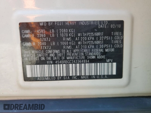 2010 Subaru Outback Premium All-Weather Anniversary with VIN 4S4BRBGC2A3364894, listed as a Copart auction lot 60309095 with 133,383 mi miles and Salvage title. Bid and sale history available at DreamBid. Image 14.