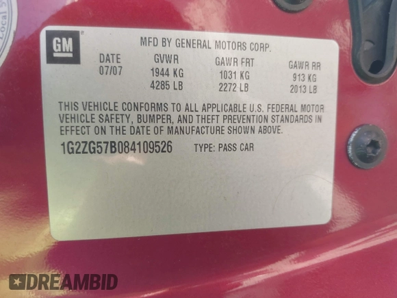 2008 Pontiac G6 z VIN 1G2ZG57B084109526, wystawiony jako IAAI lot #42798709 z przebiegiem 185 459 mil mil oraz . Historia ofert i sprzedaży dostępna na DreamBid. Obrazek 9.
