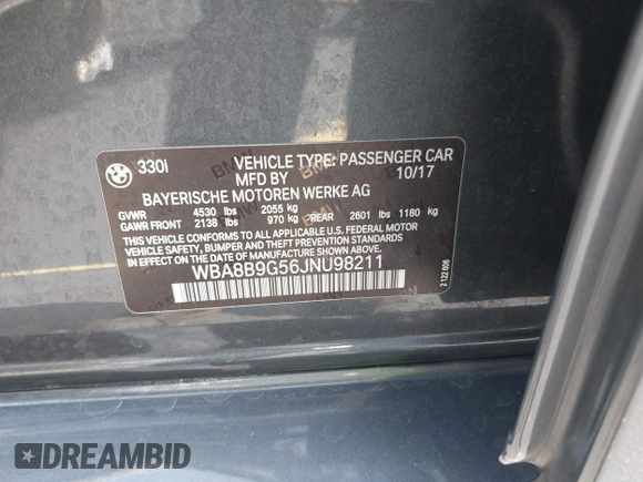 2018 BMW 3 Series 330i with VIN WBA8B9G56JNU98211, listed as a IAAI auction lot 42316532 with 74,681 mi miles and . Bid and sale history available at DreamBid. Image 9.
