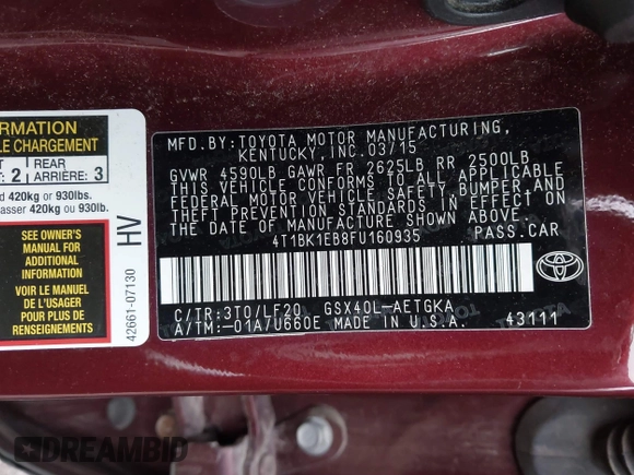 2015 Toyota Avalon Limited with VIN 4T1BK1EB8FU160935, listed as a IAAI auction lot 41487381 with 105,273 mi miles and . Bid and sale history available at DreamBid. Image 9.