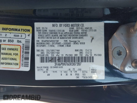 2014 Ford Fusion SE with VIN 3FA6P0H76ER307287, listed as a IAAI auction lot 41410947 with 211,251 mi miles and . Bid and sale history available at DreamBid. Image 9.