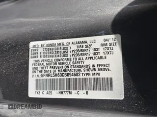 2012 Honda Odyssey EX-L with VIN 5FNRL5H60CB094682, listed as a IAAI auction lot 41570797 with 127,890 mi miles and . Bid and sale history available at carsss.com. Image 9.