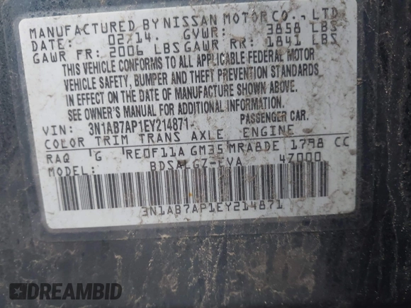 2014 Nissan Sentra SR with VIN 3N1AB7AP1EY214871, listed as a IAAI auction lot 41819348 with Not Provided miles and . Bid and sale history available at DreamBid. Image 9.