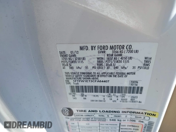 2012 Ford F-150 XL with VIN 1FTFW1ET3CFA64407, listed as a IAAI auction lot 41864557 with 75,633 mi miles. Bid and sale history available at carsss.com. Image 9.