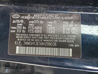 2009 Hyundai Santa Fe Limited z VIN 5NMSH13E59H298038, wystawiony jako Copart lot #51191495 z przebiegiem 214 505 mil mil oraz Czysty tytuł • Clean title. Historia ofert i sprzedaży dostępna na DreamBid. Obrazek 13.