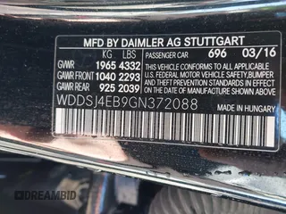 2016 Mercedes-Benz CLA with VIN WDDSJ4EB9GN372088, listed as a IAAI auction lot 41655141 with 83,726 mi miles. Bid and sale history available at carsss.com. Image 9.
