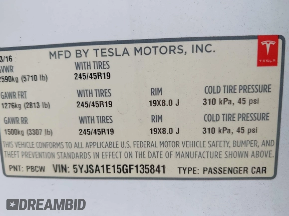 2016 Tesla Model S 70 kWh Battery with VIN 5YJSA1E15GF135841, listed as a IAAI auction lot 41846535 with 87,312 mi miles. Bid and sale history available at carsss.com. Image 9.
