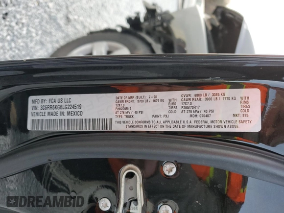 2020 Ram 1500 Classic Tradesman with VIN 3C6RR6KG6LG224519, listed as a Copart auction lot 82691214 with 52,191 mi miles and Salvage Title. Bid and sale history available at carsss.com. Image 15.