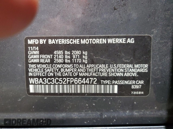 2015 BMW 3 Series 320i xDrive with VIN WBA3C3C52FP664472, listed as a Copart auction lot 55647585 with 129,934 mi miles and Salvage title. Bid and sale history available at DreamBid. Image 12.