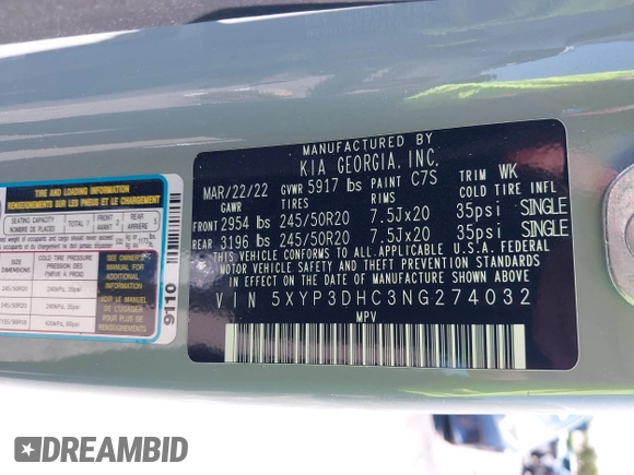 2022 Kia Telluride EX with VIN 5XYP3DHC3NG274032, listed as a IAAI auction lot 41845975 with 53,678 mi miles and . Bid and sale history available at carsss.com. Image 9.