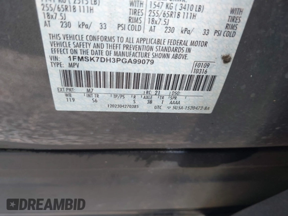 2023 Ford Explorer XLT с VIN 1FMSK7DH3PGA99079, выставлен на аукционе IAAI как лот 42369661 с пробегом 100 010 миль миль и . История ставок и продаж доступна на DreamBid. Изображение 9.