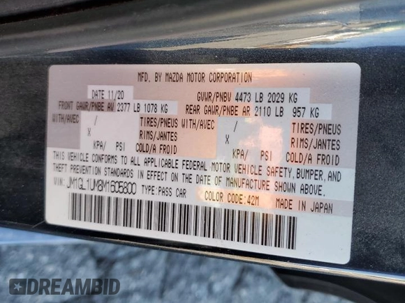 2021 Mazda 6 Sport with VIN JM1GL1UM8M1605800, listed as a Copart auction lot 46121765 with 59,057 mi miles and Clean Title. Bid and sale history available at carsss.com. Image 13.