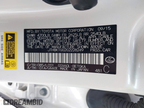 2016 Lexus ES 330 with VIN JTHBK1GG2G2228249, listed as a IAAI auction lot 41701494 with 59,341 mi miles and . Bid and sale history available at carsss.com. Image 9.