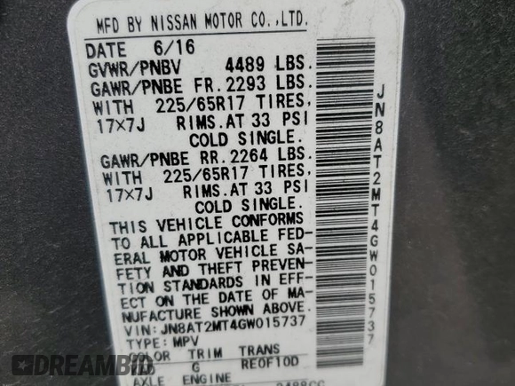 2016 Nissan Rogue SV with VIN JN8AT2MT4GW015737, listed as a Copart auction lot 49930235 with 106,858 mi miles and Salvage Title. Bid and sale history available at carsss.com. Image 16.