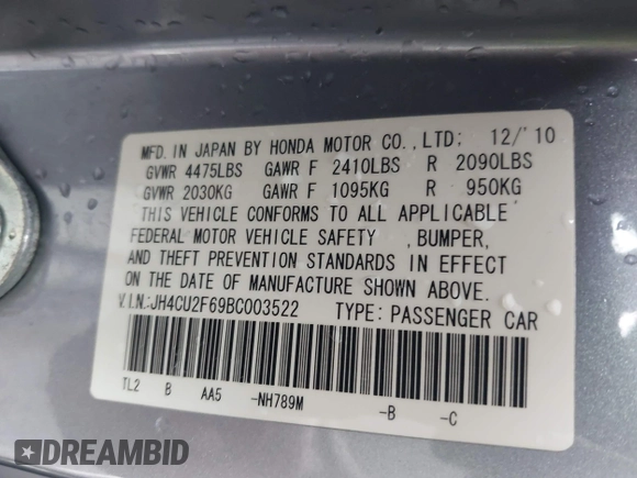 2011 Acura TSX z VIN JH4CU2F69BC003522, wystawiony jako IAAI lot #42265766 z przebiegiem 138 912 mil mil oraz . Historia ofert i sprzedaży dostępna na DreamBid. Obrazek 9.