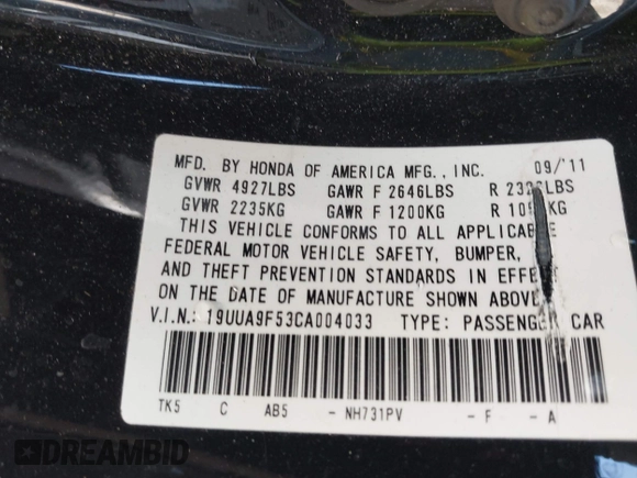 2012 Acura TL Tech Auto with VIN 19UUA9F53CA004033, listed as a IAAI auction lot 41963088 with 69,863 mi miles. Bid and sale history available at carsss.com. Image 9.