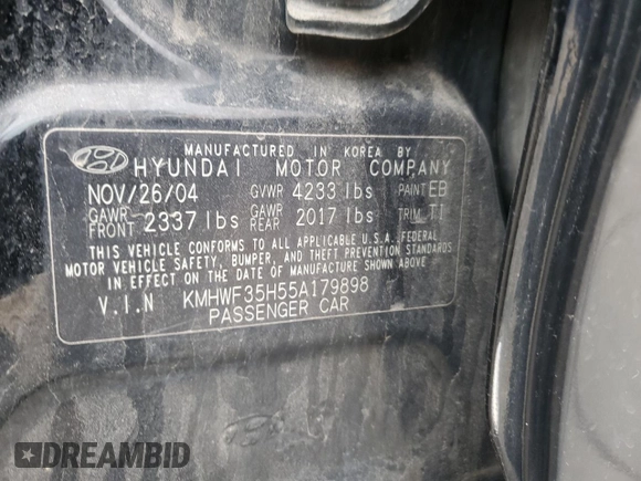 2005 Hyundai Sonata GLS with VIN KMHWF35H55A179898, listed as a Copart auction lot 50950545 with 161,128 mi miles and Salvage Title. Bid and sale history available at carsss.com. Image 13.