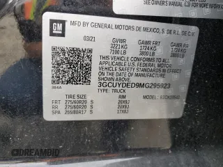 2021 Chevrolet Silverado 1500 LT with VIN 3GCUYDED9MG295923, listed as a Copart auction lot 52372845 with 43,298 mi miles and Salvage Title. Bid and sale history available at DreamBid. Image 12.