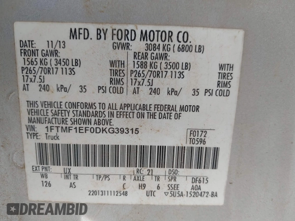 2013 Ford F-150 XL with VIN 1FTMF1EF0DKG39315, listed as a IAAI auction lot 41893600 with 254,727 mi miles. Bid and sale history available at carsss.com. Image 9.