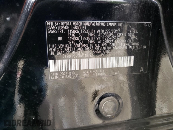2013 Toyota RAV4 LE with VIN 2T3BFREV5DW110382, listed as a Copart auction lot 55872685 with 168,260 mi miles and Salvage title. Bid and sale history available at DreamBid. Image 13.