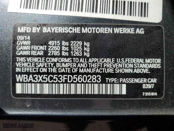 2015 BMW 3 Series Gran Turismo 328i xDrive with VIN WBA3X5C53FD560283, listed as a Copart auction lot 46345995 with 77,313 mi miles and Salvage Title. Bid and sale history available at carsss.com. Image 12.