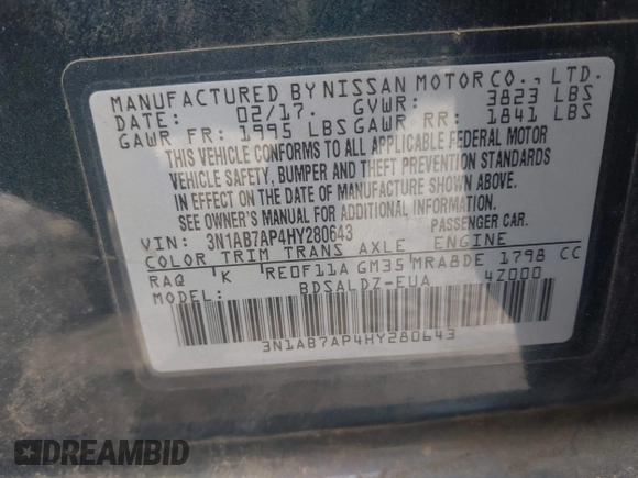 2017 Nissan Sentra SV with VIN 3N1AB7AP4HY280643, listed as a IAAI auction lot 42115714 with 133,649 mi miles and . Bid and sale history available at DreamBid. Image 9.