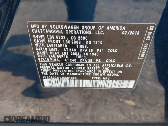 2018 Volkswagen Atlas SE with VIN 1V2CR2CA1JC561003, listed as a IAAI auction lot 42556798 with 124,147 mi miles and . Bid and sale history available at DreamBid. Image 9.