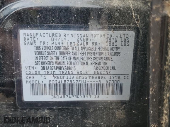 2019 Nissan Sentra S z VIN 3N1AB7AP9KY349415, wystawiony jako Copart lot #43238175 z przebiegiem 170 950 mil mil oraz Szkoda całkowita • Salvage title. Historia ofert i sprzedaży dostępna na DreamBid. Obrazek 13.