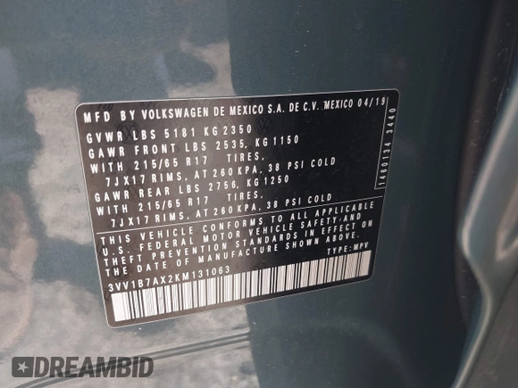 2019 Volkswagen Tiguan S с VIN 3VV1B7AX2KM131063, выставлен на аукционе IAAI как лот 41937501 с пробегом 59 402 миль миль и . История ставок и продаж доступна на DreamBid. Изображение 9.