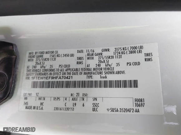 2017 Ford F-150 XL with VIN 1FTEW1EF9HFA70421, listed as a IAAI auction lot 41287884 with 105,630 mi miles. Bid and sale history available at carsss.com. Image 9.