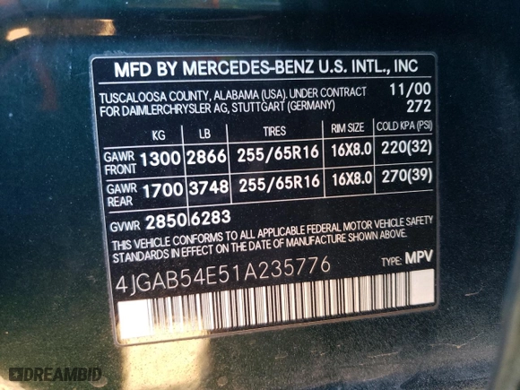 2001 Mercedes-Benz M-Class with VIN 4JGAB54E51A235776, listed as a Copart auction lot 42598025 with 255,845 mi miles and Salvage Title. Bid and sale history available at carsss.com. Image 15.