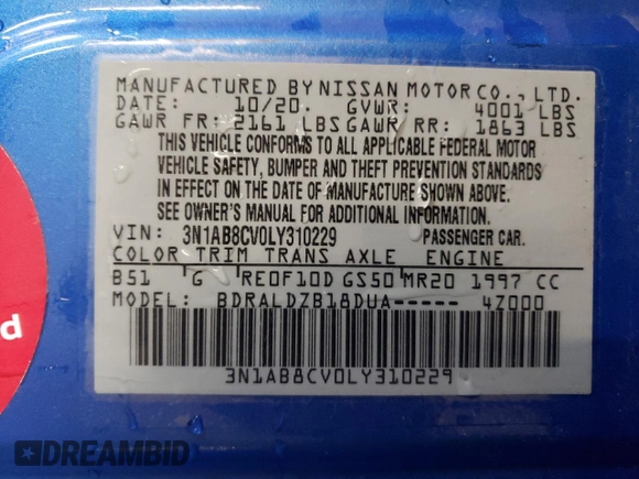 2020 Nissan Sentra SV with VIN 3N1AB8CV0LY310229, listed as a Copart auction lot 48585435 with 49,936 mi miles and Salvage Title. Bid and sale history available at carsss.com. Image 12.