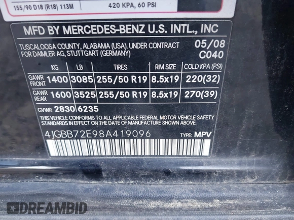 2008 Mercedes-Benz M 550 with VIN 4JGBB72E98A419096, listed as a IAAI auction lot 41808764 with 186,038 mi miles and . Bid and sale history available at carsss.com. Image 9.