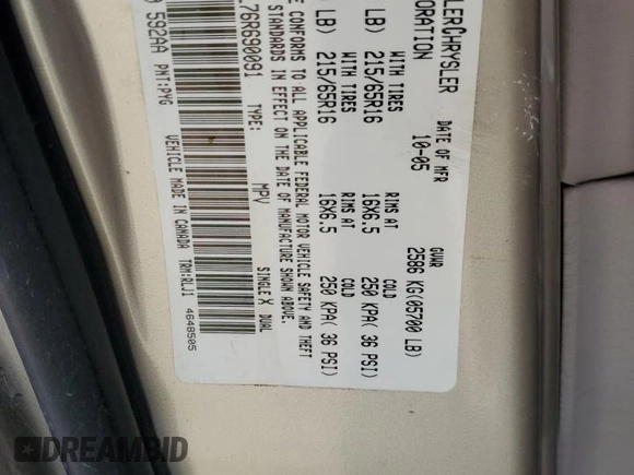 2006 Chrysler Town & Country Touring with VIN 2A4GP54L76R690091, listed as a Copart auction lot 47071855 with Not Provided miles and Salvage Title. Bid and sale history available at DreamBid. Image 13.