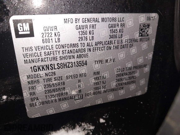 2017 GMC Acadia SLE with VIN 1GKKNSLS8HZ313554, listed as a IAAI auction lot 41575170 with 88,455 mi miles. Bid and sale history available at carsss.com. Image 9.