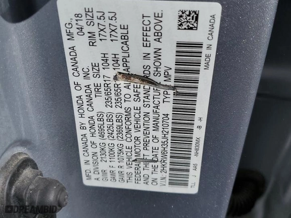2018 Honda CR-V LX with VIN 2HKRW6H35JH210704, listed as a Copart auction lot 47471065 with 104,928 mi miles and Salvage Title. Bid and sale history available at carsss.com. Image 13.
