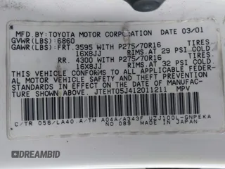 2001 Toyota Land Cruiser with VIN JTEHT05J412011211, listed as a IAAI auction lot 41978366 with 183,684 mi miles. Bid and sale history available at carsss.com. Image 9.