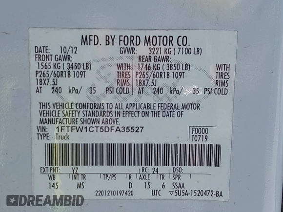 2013 Ford F-150 XL with VIN 1FTFW1CT5DFA35527, listed as a IAAI auction lot 40880133 with 94,289 mi miles and . Bid and sale history available at carsss.com. Image 9.