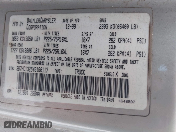 2000 Dodge 1500 with VIN 3B7HC13Z5YG160117, listed as a IAAI auction lot 42502247 with 268,184 mi miles and . Bid and sale history available at DreamBid. Image 9.