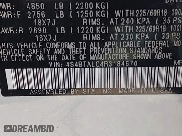 2024 Subaru Outback Onyx with VIN 4S4BTALC4R3184670, listed as a IAAI auction lot 41876929 with 17,071 mi miles and . Bid and sale history available at DreamBid. Image 9.