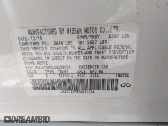 2016 Infiniti Q50 2.0t Premium with VIN JN1CV7AR5GM250084, listed as a IAAI auction lot 41601301 with 101,275 mi miles. Bid and sale history available at carsss.com. Image 9.