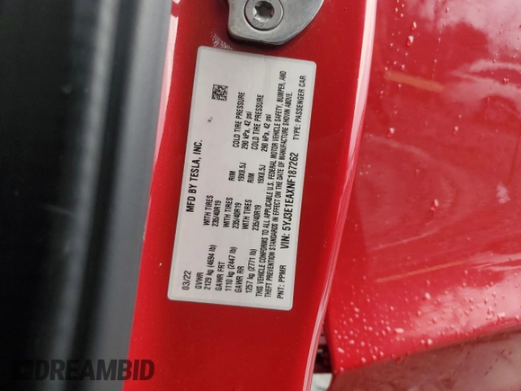 2022 Tesla Model 3 with VIN 5YJ3E1EAXNF187262, listed as a Copart auction lot 86545314 with 85,718 mi miles and Salvage Title. Bid and sale history available at DreamBid. Image 13.