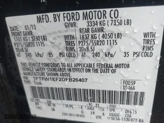 2013 Ford F-150 XL with VIN 1FTFW1EF2DFB26407, listed as a IAAI auction lot 41522160 with 204,920 mi miles. Bid and sale history available at carsss.com. Image 9.
