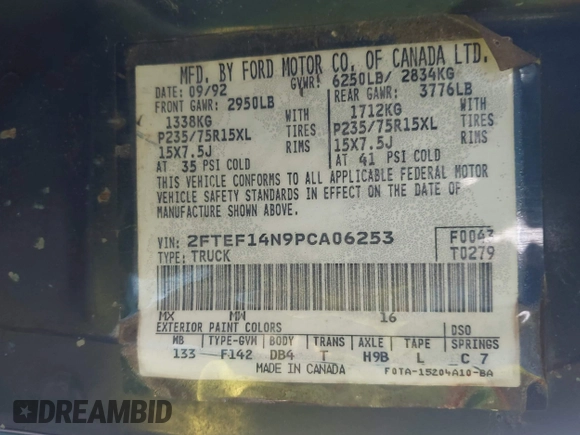 1993 Ford F-150 с VIN 2FTEF14N9PCA06253, выставлен на аукционе IAAI как лот 41905093 с пробегом 113 352 миль миль и . История ставок и продаж доступна на DreamBid. Изображение 9.