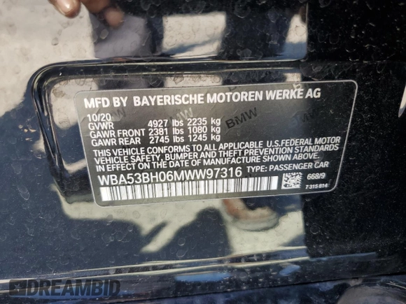 2021 BMW 5 Series 530i with VIN WBA53BH06MWW97316, listed as a Copart auction lot 46530955 with 72,891 mi miles and Salvage title. Bid and sale history available at DreamBid. Image 14.