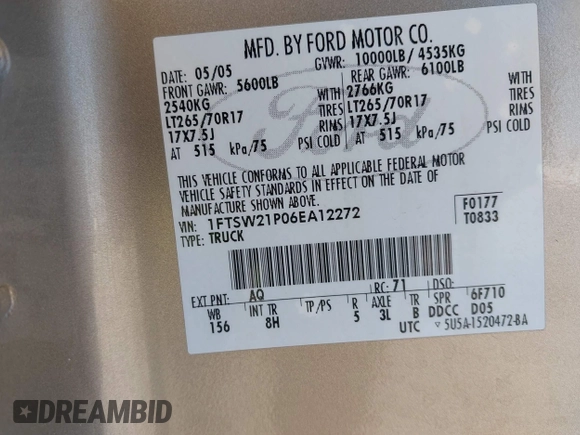 2006 Ford F-250 XL z VIN 1FTSW21P06EA12272, wystawiony jako IAAI lot #42101086 z przebiegiem 247 602 mil mil oraz . Historia ofert i sprzedaży dostępna na DreamBid. Obrazek 9.